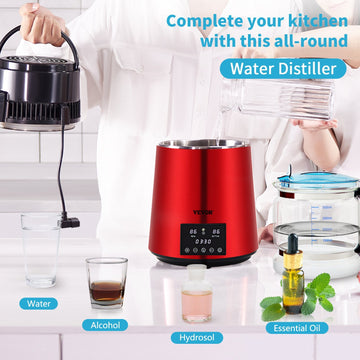 1.1Gal Water Distiller, 750W Distilled Water Maker Machine 0-99H Timing Dual Temp Display, 304 Stainless Steel Countertop Distiller Glass Carafe Cleaning Powder 3 Carbon Packs, Red