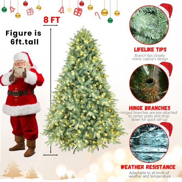Artificial 8ft Blue Green Tint Christmas Tree With 3308 PE PVC Mixed Branch Tips, 900L Warm White Led, Memory Wire Iron Wire, Hinged Premium  Foldable Base For Indoor Holiday Decorating