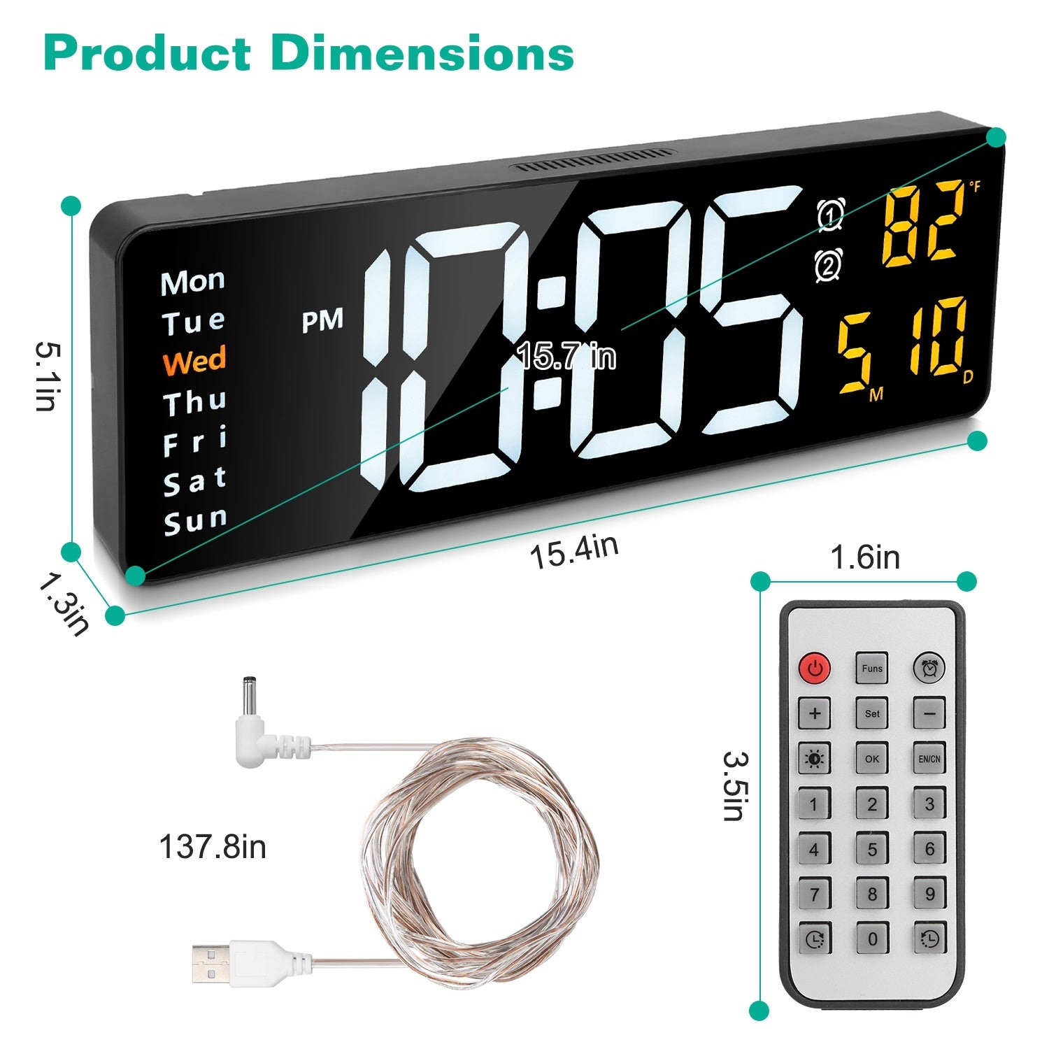 15.7in LED Digital Wall Clock With Remote Control 10 Level Brightness 3 Alarm Settings 12-24Hr Format Timing Countdown Temperature Calendar Display Decorative Clock For Office Home