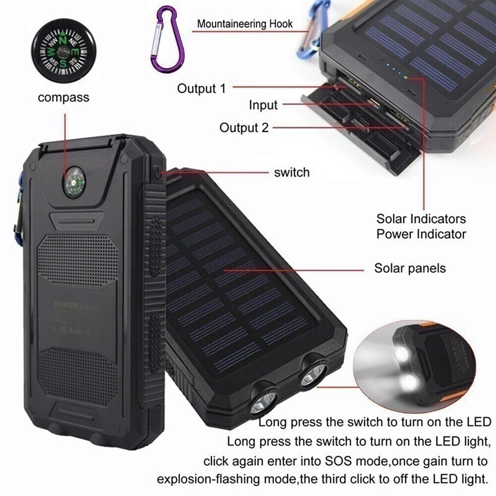 1O000000mAh Solar Power Bank Waterproof 2USB LED Battery Charger For Cell Phone