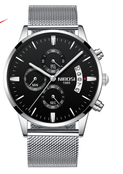 Solid steel belt men's watch waterproof coated glass luminous three-eye 6-pin quartz watch