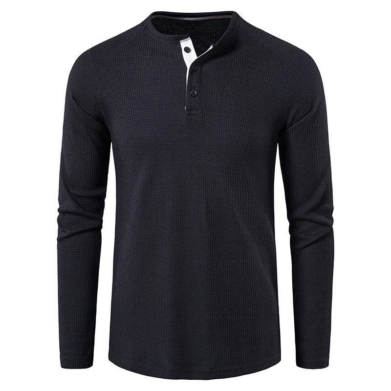 Men's Round Neck Waffle Long Sleeve Henry Casual T-shirt American Base Men's POIO Shirt