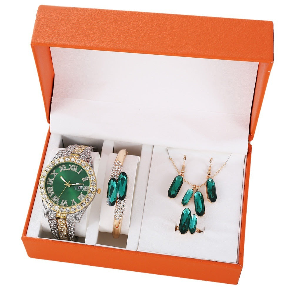 Green Steel Belt Quartz Watch Ring Necklace Earrings Suit