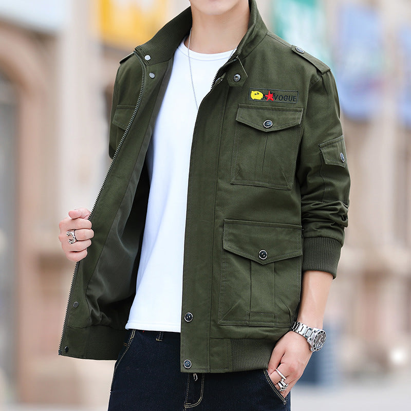 Korean Style Cotton Washed Plus Size Men's Stand-up Collar Casual Jacket