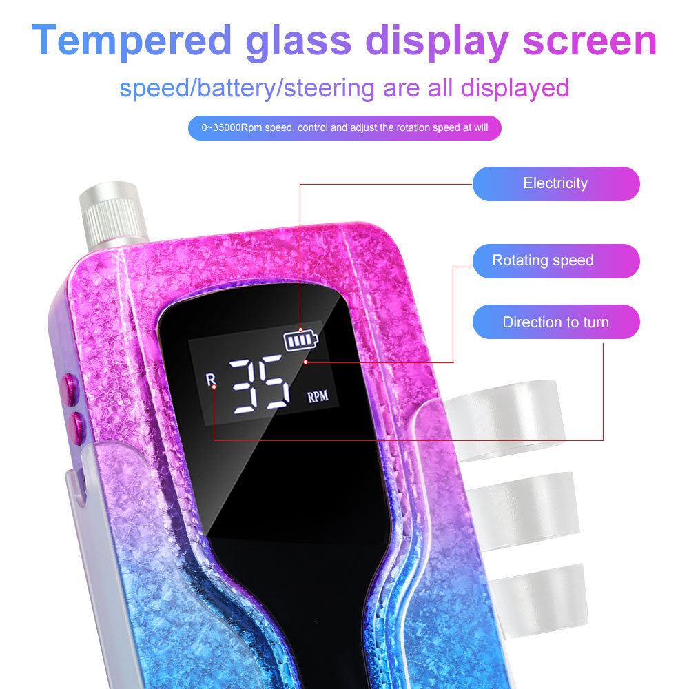 Professional Electric Nail Drill, 45000 RPM Cordless Rechargeable E-File Machine, With 12 Bits, Sanding Bands, LCD Display For Acrylic Gel Nails