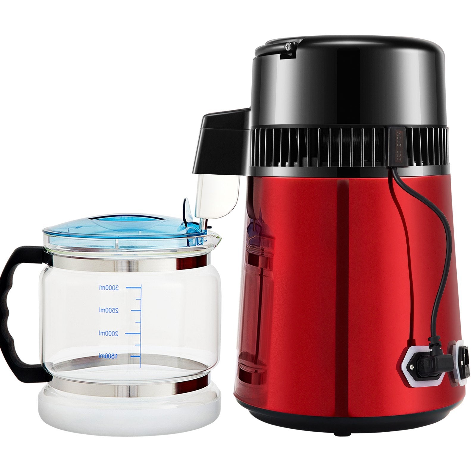 1.1Gal Water Distiller, 750W Distilled Water Maker Machine 0-99H Timing Dual Temp Display, 304 Stainless Steel Countertop Distiller Glass Carafe Cleaning Powder 3 Carbon Packs, Red