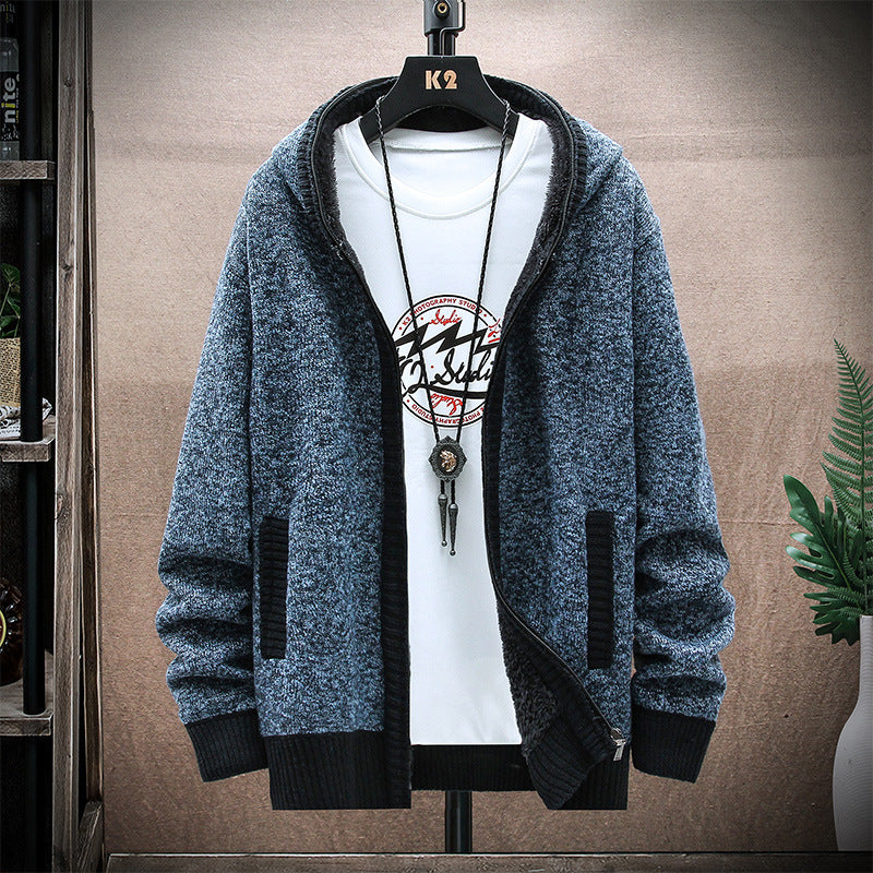 New Men's Hooded Plus Fleece Sweater Coat Youth Casual Solid Color Cardigan Knitted Sweater