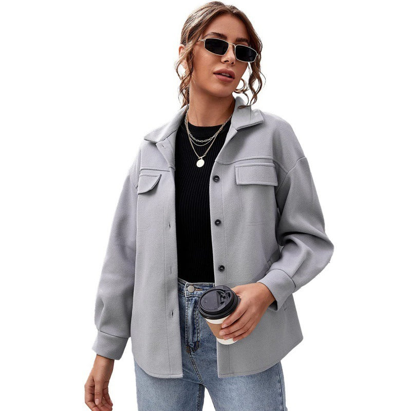 Women's Loose Casual Lapel Buttoned Solid Color Woolen Coat