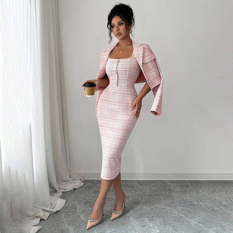 Women's Clothing Skirts Suit Lapel Long Sleeve Short Plaid Jacket