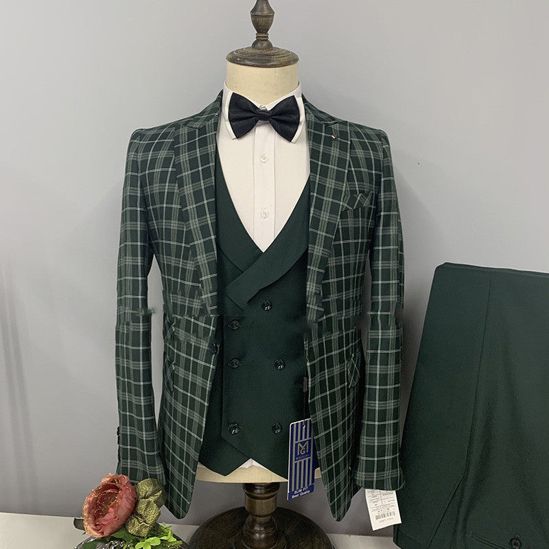 Men's Three-piece Fashion Personality Plaid Suit