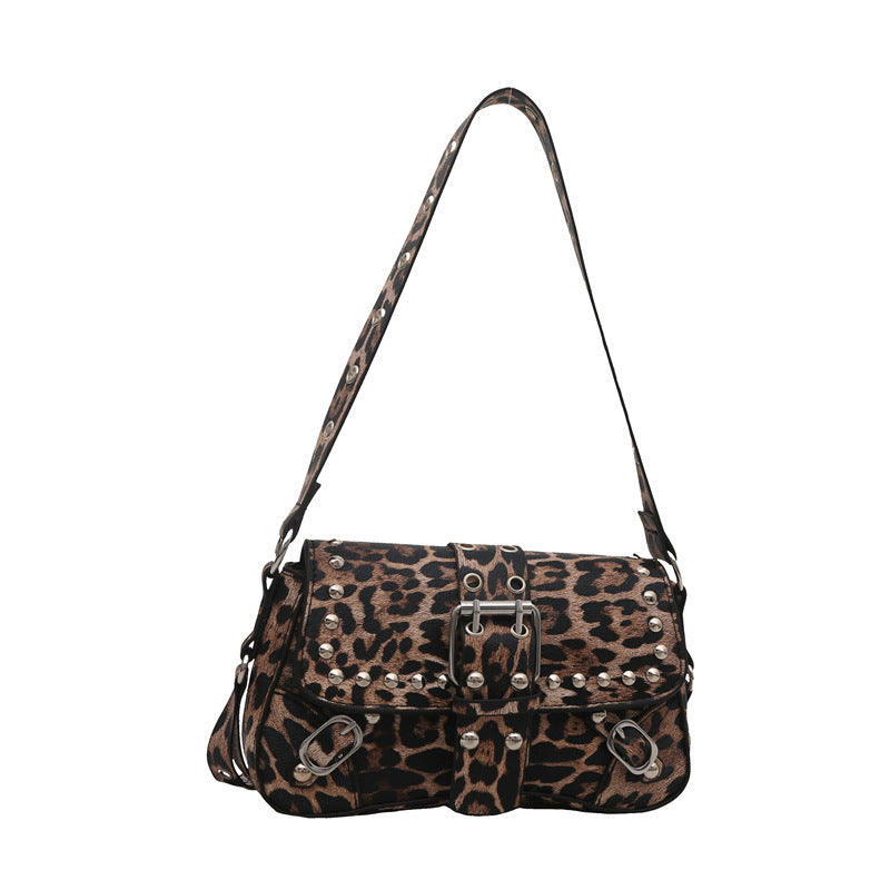 Leopard Print Personalized Design Motorcycle Shoulder Crossbody Underarm Baguette Women's Bag