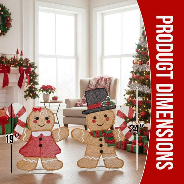 Set Of 2 Lighted Gingerbread Man And Candy Cane Christmas Decorations, Pre-lit 2D Holiday Decor With 80 Warm White LED Lights For Xmas Outdoor Indoor Decor Lighted Holiday Displays