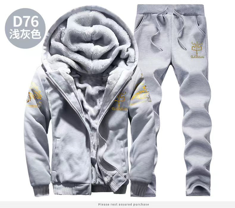 Plus-size Fleece-lined Thick Men's Casual Sport Two-piece Set