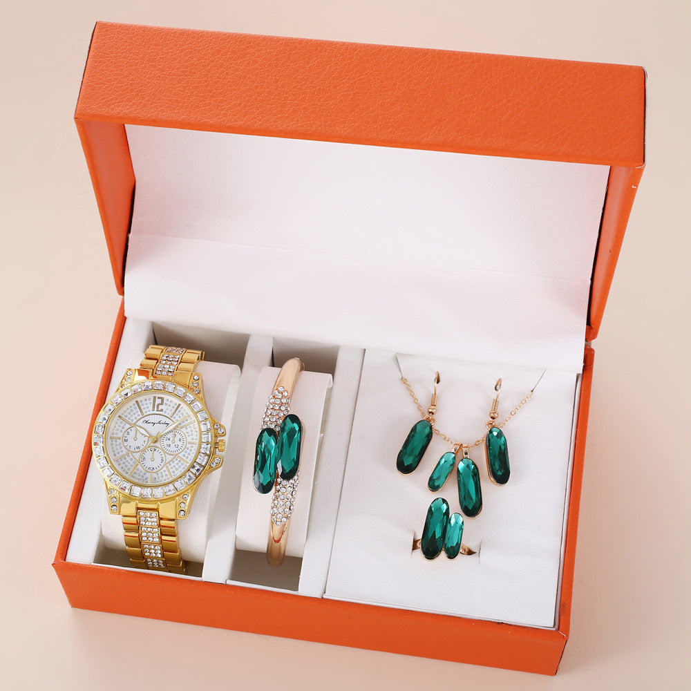 Green Steel Belt Quartz Watch Ring Necklace Earrings Suit