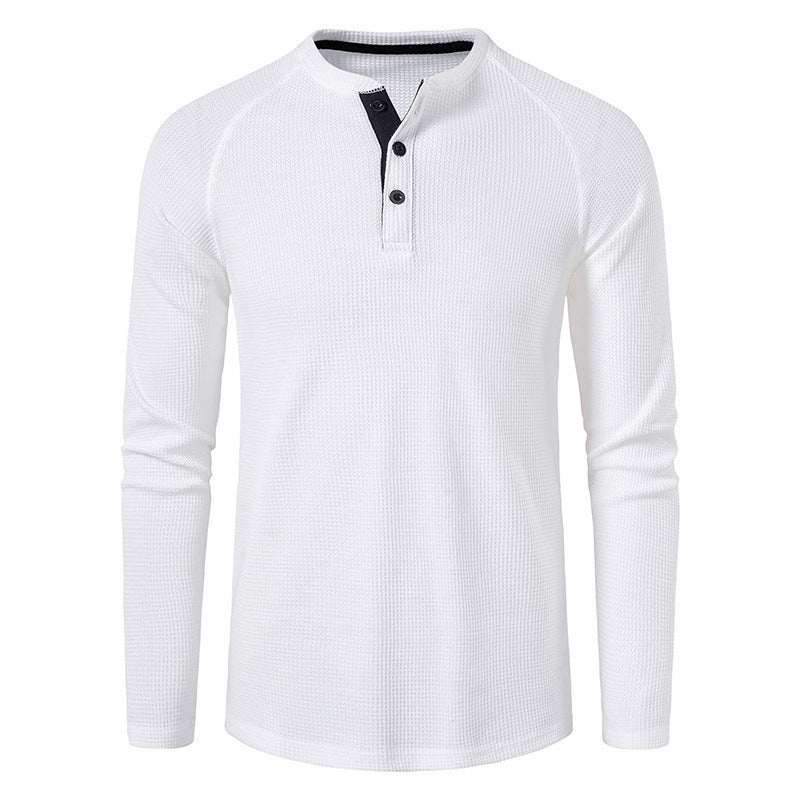 Men's Round Neck Waffle Long Sleeve Henry Casual T-shirt American Base Men's POIO Shirt