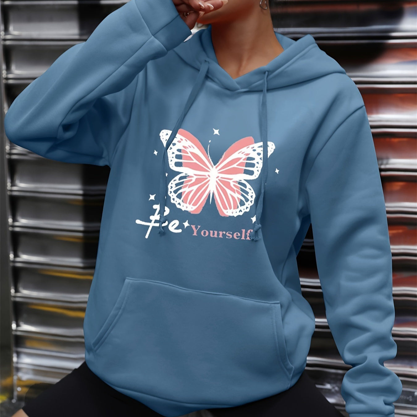 Butterfly Self-printed Drawstring Sweatshirt Female