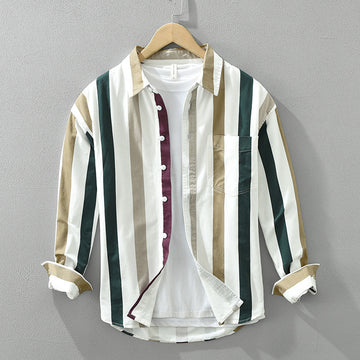 Striped Long Sleeve Shirt Men's Versatile Leisure Artistic Loose Square Collar Top