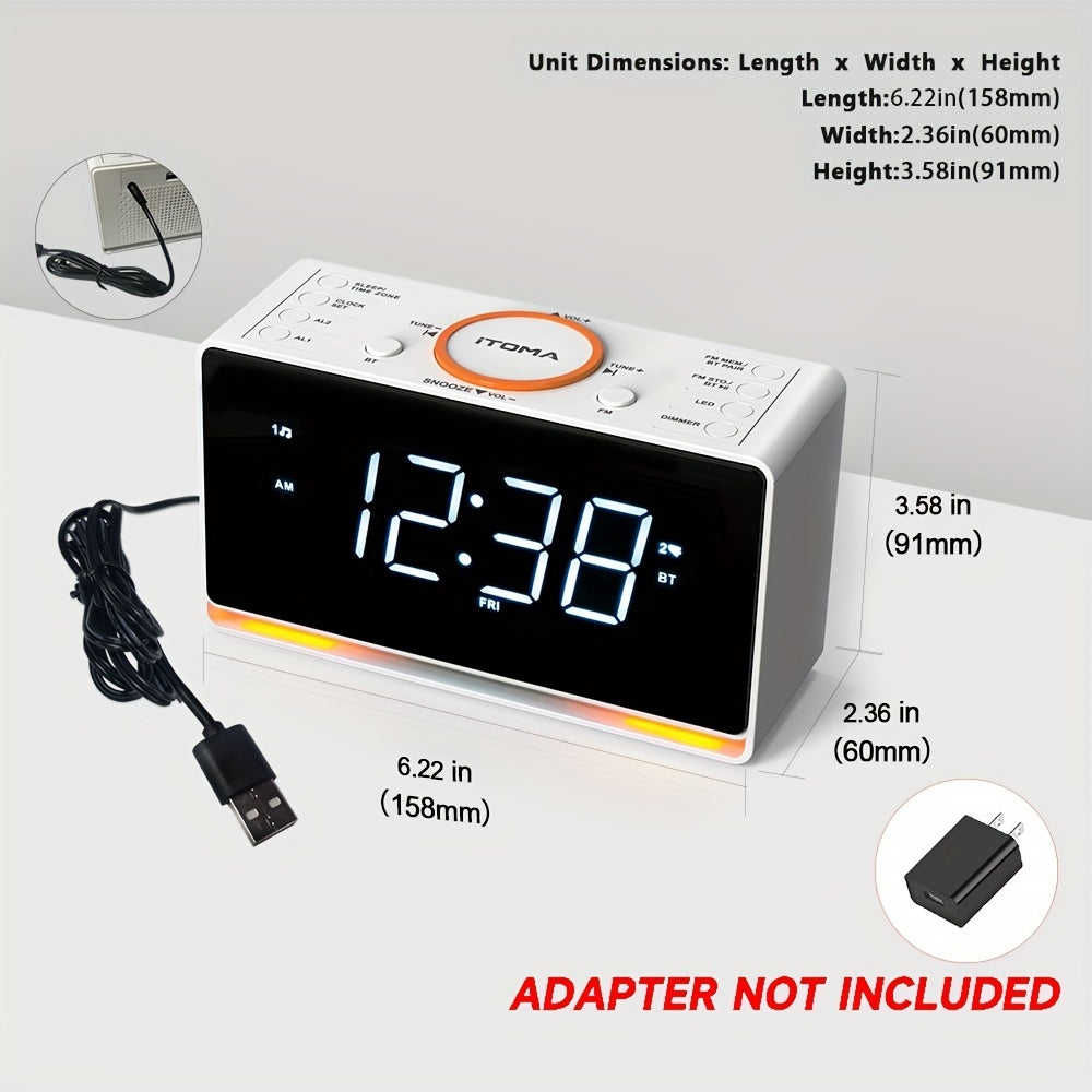 1pc White LED Alarm Clock Radio With Wireless Speaker, FM Radio, Dual Alarm And USB Charger , Bedside Desk Clock With Adjustable Dimmer And Night Light