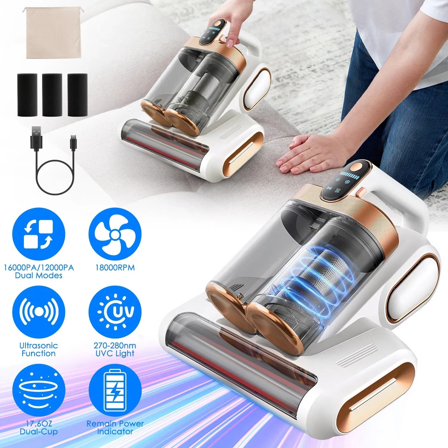 1Pc Mattress Vacuum Cleaner 16Kpa Bed Vacuum Cleaner Handheld Vacuums With Ultrasonic & UVC Light 18000 RPM Brushroll Rotation Dual Dust Bins Washable Filters For Bed Pillows Cribs Sofa