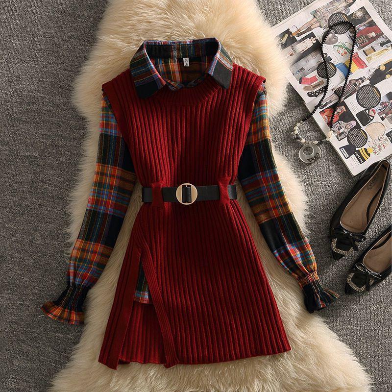 Women's Polo Collar Shirt Sweater Two-piece Set