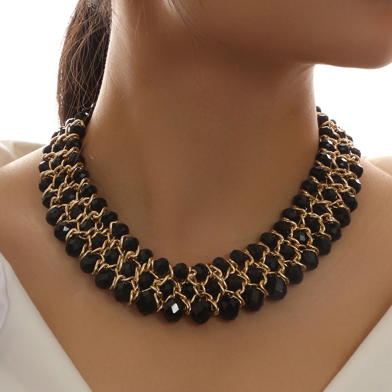 Fashion Simple Woven Three Rows Elegant Crystal Short Necklace