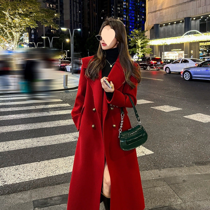 Red Temperament Long Sleeve Women's Woolen Coat