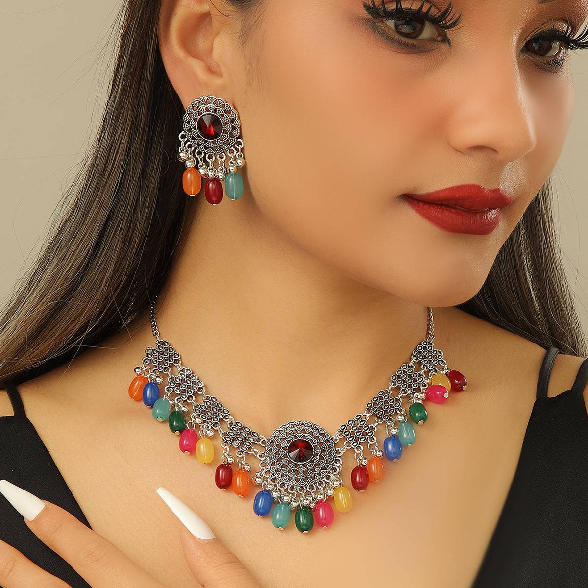 Retro Indian Style Necklace And Earrings Suite