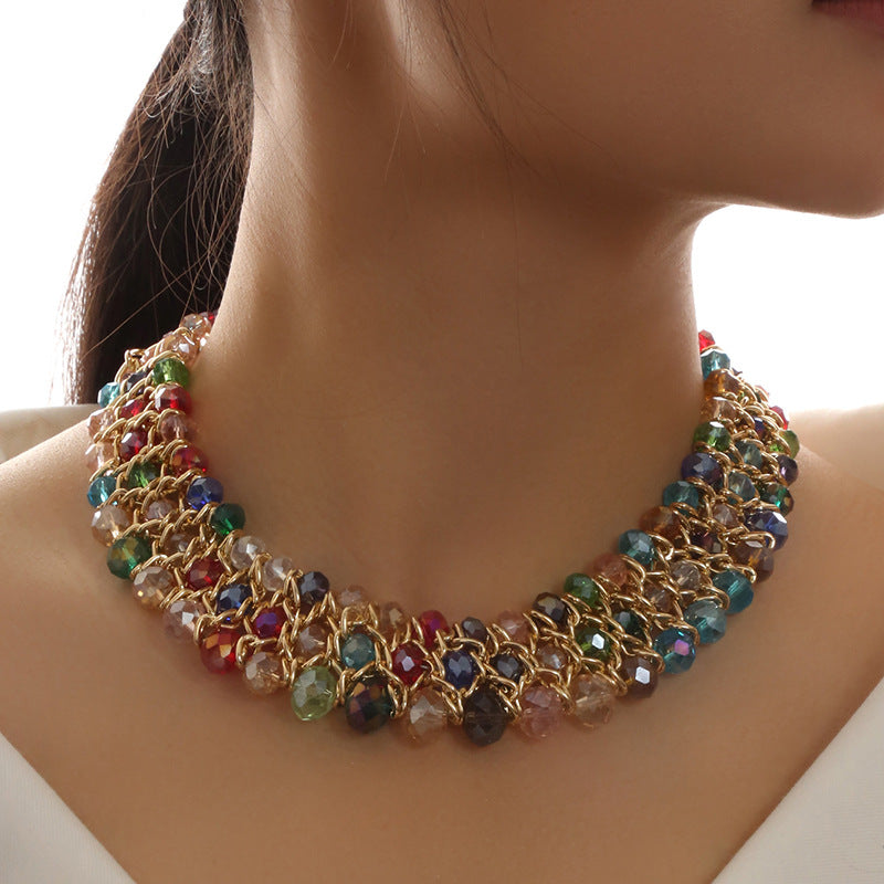 Fashion Simple Woven Three Rows Elegant Crystal Short Necklace