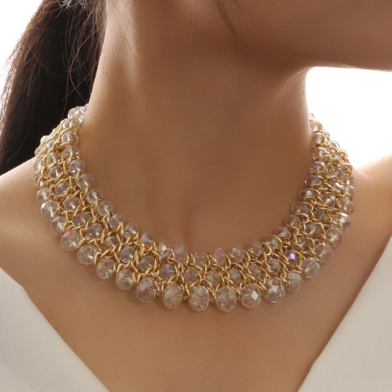Fashion Simple Woven Three Rows Elegant Crystal Short Necklace