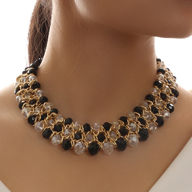 Fashion Simple Woven Three Rows Elegant Crystal Short Necklace