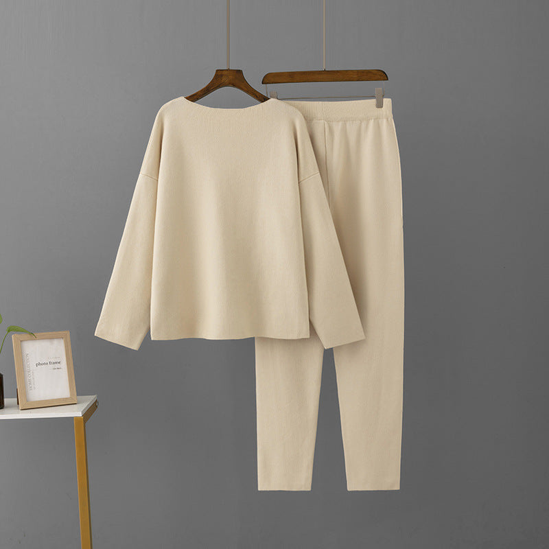 Off-shoulder Woolen Pants Top Loose Knitting Suit