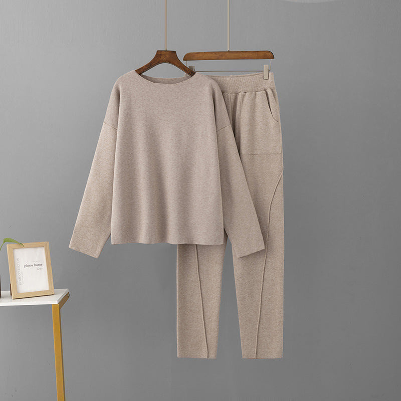 Off-shoulder Woolen Pants Top Loose Knitting Suit