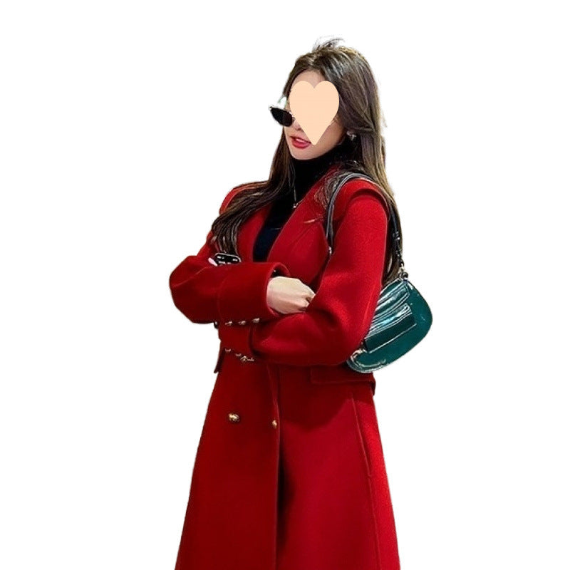 Red Temperament Long Sleeve Women's Woolen Coat