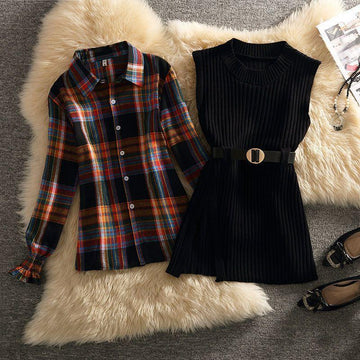 Women's Polo Collar Shirt Sweater Two-piece Set