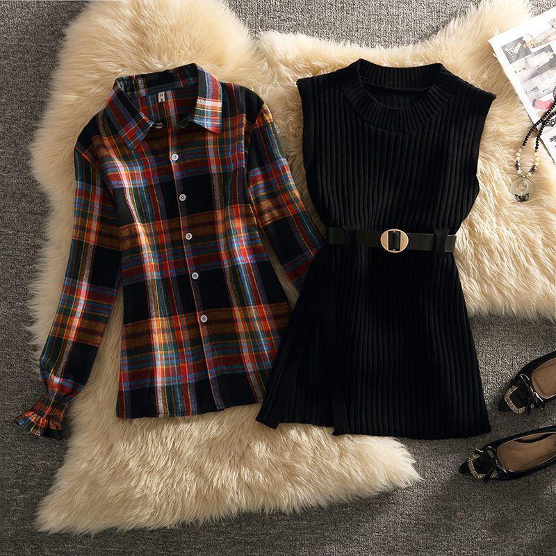 Women's Polo Collar Shirt Sweater Two-piece Set