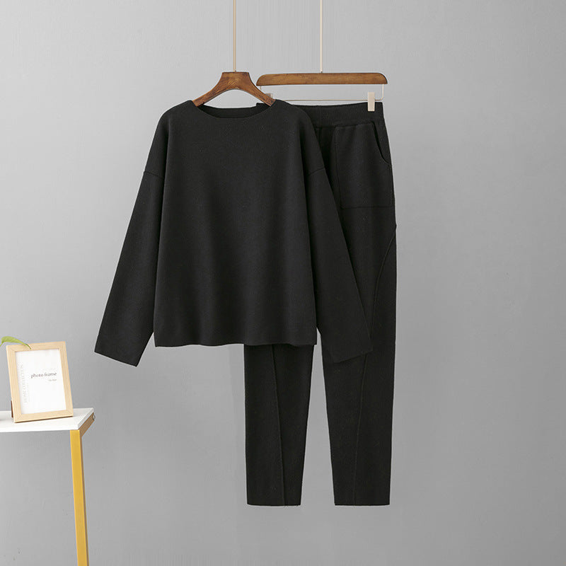 Off-shoulder Woolen Pants Top Loose Knitting Suit