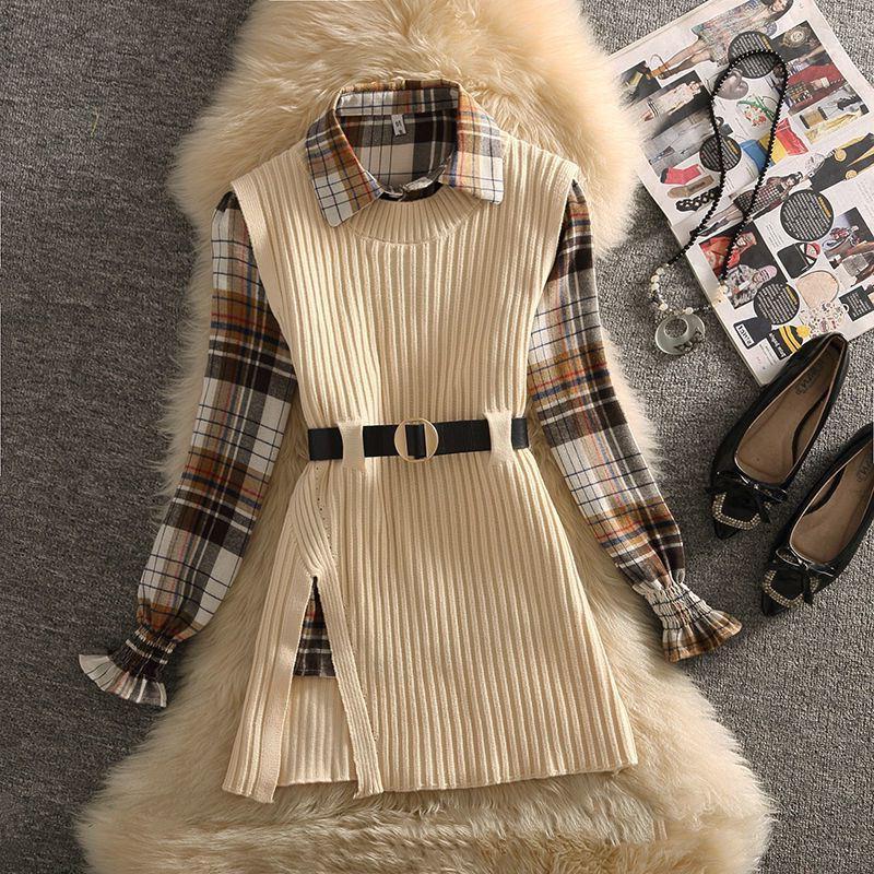 Women's Polo Collar Shirt Sweater Two-piece Set