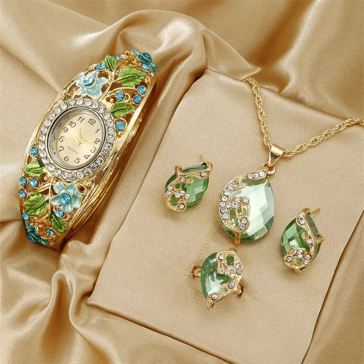 No gift box; vintage retro palace style, rich in flowers, ladies' wristwatch, bracelet, quartz watch   crystal jewelry 4-piece s