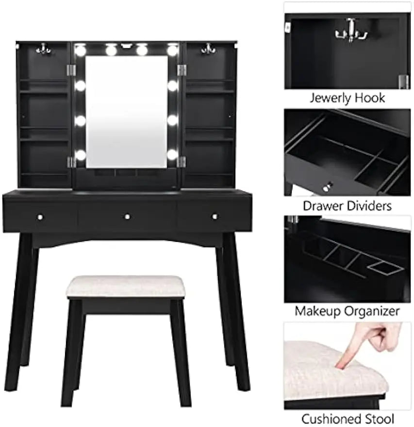 Tocador de Maquillaje Tocador con Luces LED de 3 Colores con Brillo Ajustable 10 LED Escritorio Grande de Maquillaje con Cajone