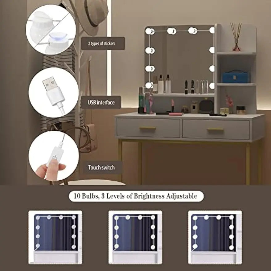 Tocador de Maquillaje con Espejo y 10 Bombillas LED, Mesa de Tocador con 2 Cajones Grandes y Estantes, Estilo Moderno para