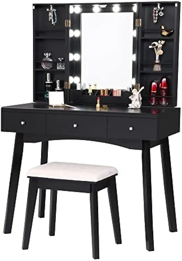 Tocador de Maquillaje Tocador con Luces LED de 3 Colores con Brillo Ajustable 10 LED Escritorio Grande de Maquillaje con Cajone