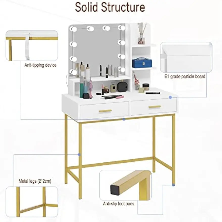 Tocador de Maquillaje con Espejo y 10 Bombillas LED, Mesa de Tocador con 2 Cajones Grandes y Estantes, Estilo Moderno para