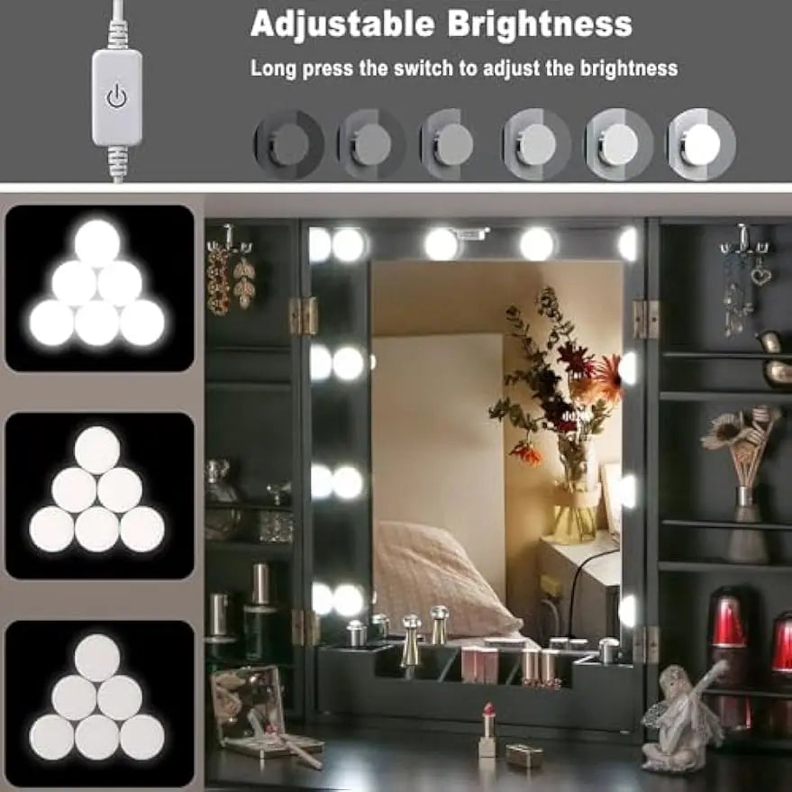 Tocador de Maquillaje Tocador con Luces LED de 3 Colores con Brillo Ajustable 10 LED Escritorio Grande de Maquillaje con Cajone