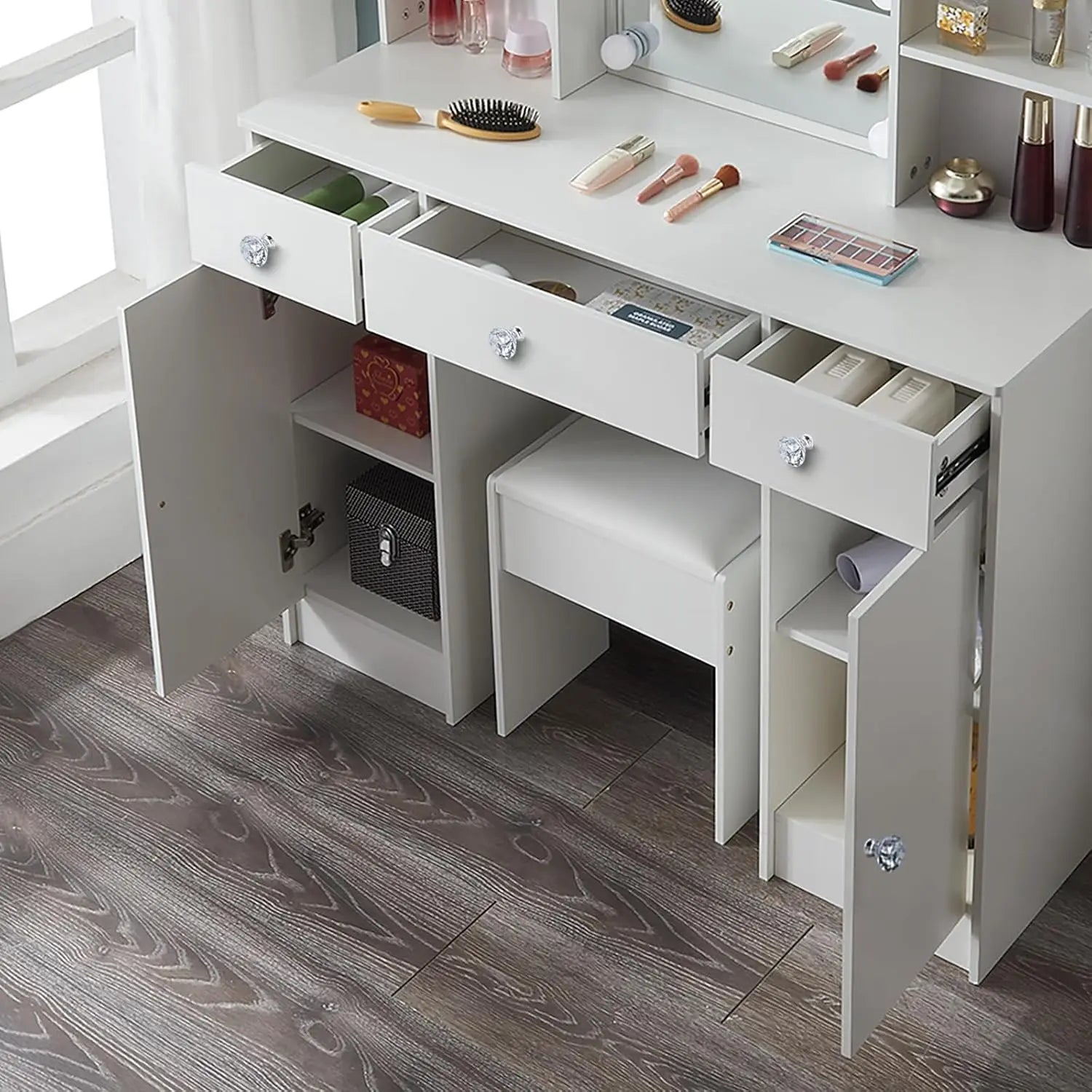 Tocador de Maquillaje con Espejo y Taburete, Mesa de Maquillaje con Luz LED, 3 Temperaturas de Color y Brillo Ajustable, 3 Cajon