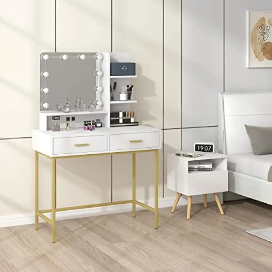 Tocador de Maquillaje con Espejo y 10 Bombillas LED, Mesa de Tocador con 2 Cajones Grandes y Estantes, Estilo Moderno para