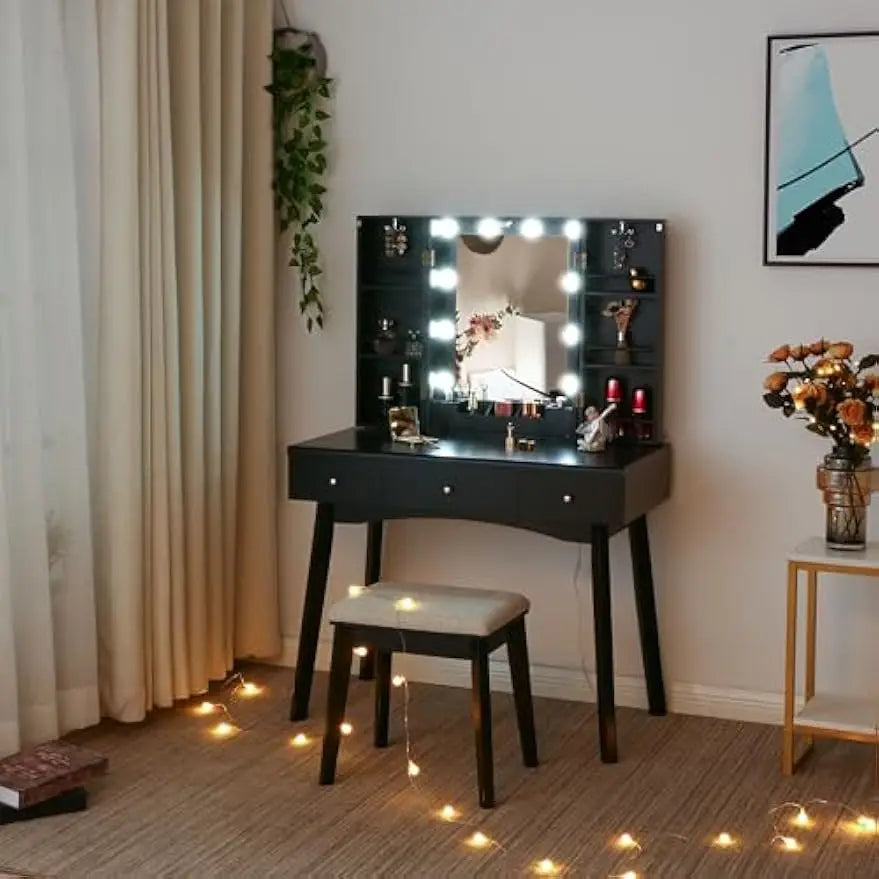 Tocador de Maquillaje Tocador con Luces LED de 3 Colores con Brillo Ajustable 10 LED Escritorio Grande de Maquillaje con Cajone