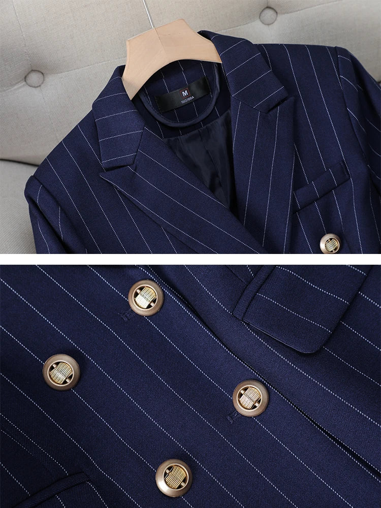Fashion Autumn Winter Ladies Pant Suit Women Blue Striped Female Business Work Wear Jacket Blazer and Trouser Formal 2 Piece Set