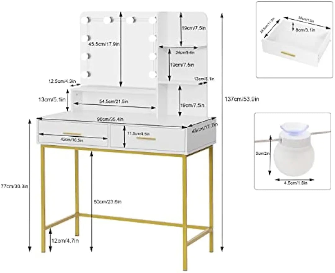 Tocador de Maquillaje con Espejo y 10 Bombillas LED, Mesa de Tocador con 2 Cajones Grandes y Estantes, Estilo Moderno para