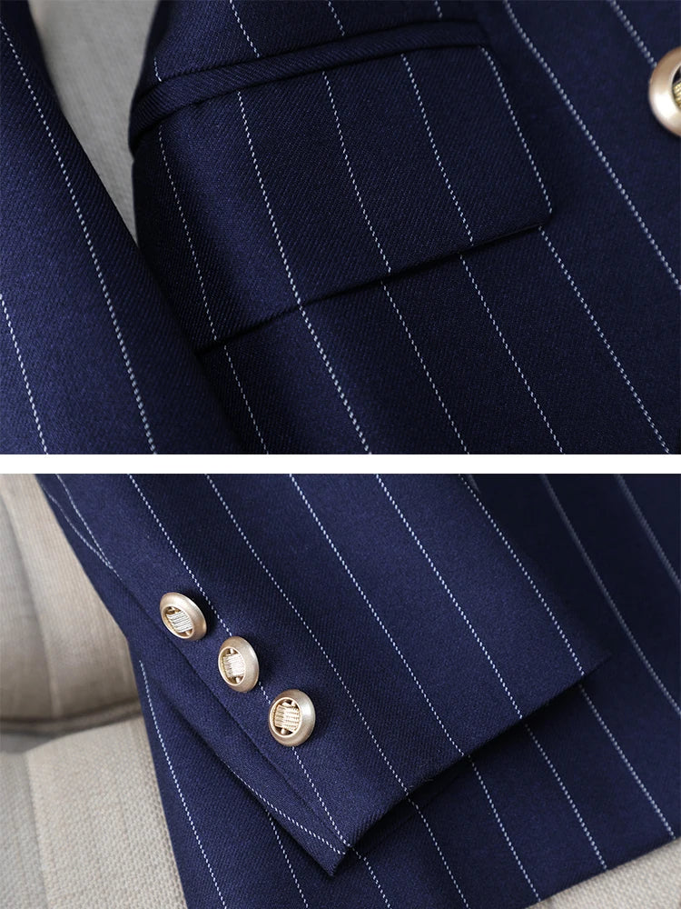Fashion Autumn Winter Ladies Pant Suit Women Blue Striped Female Business Work Wear Jacket Blazer and Trouser Formal 2 Piece Set