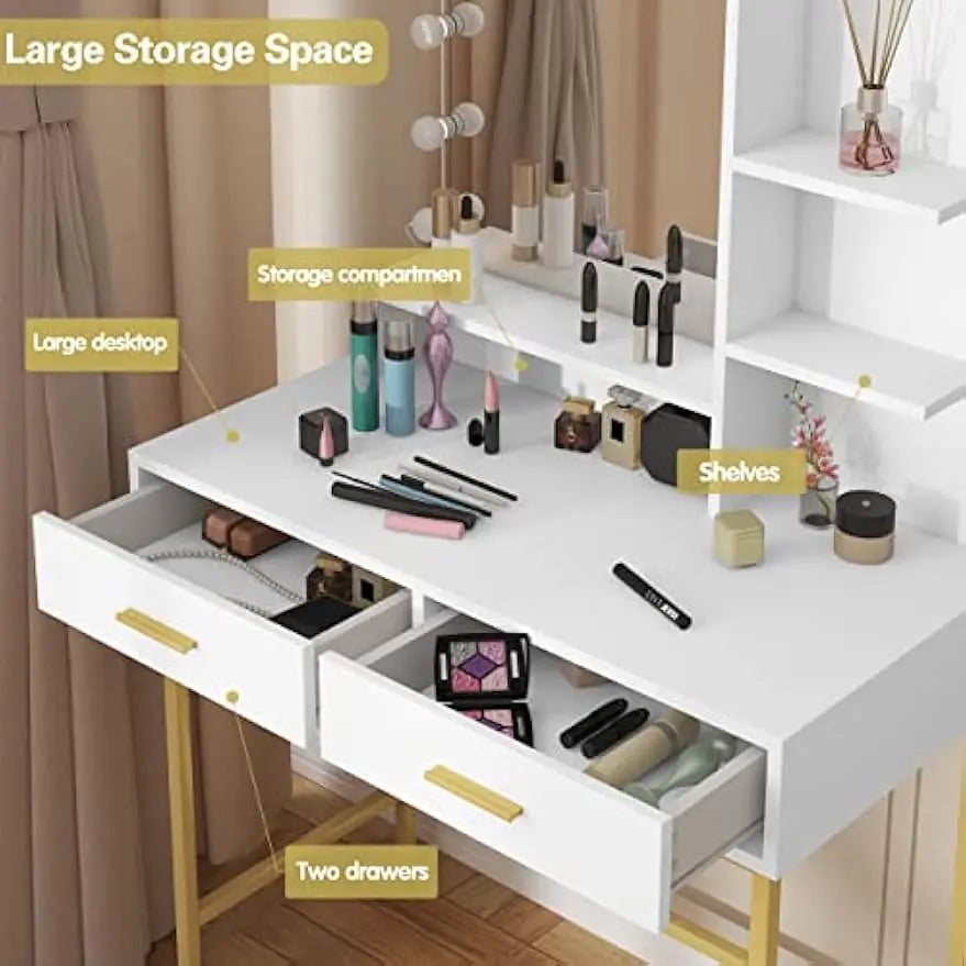 Tocador de Maquillaje con Espejo y 10 Bombillas LED, Mesa de Tocador con 2 Cajones Grandes y Estantes, Estilo Moderno para